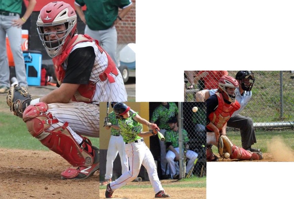 A baseball player swinging at the ball while another player is trying to hit it.