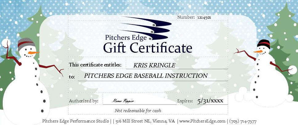 A gift certificate for baseball instruction from pitchers edge.