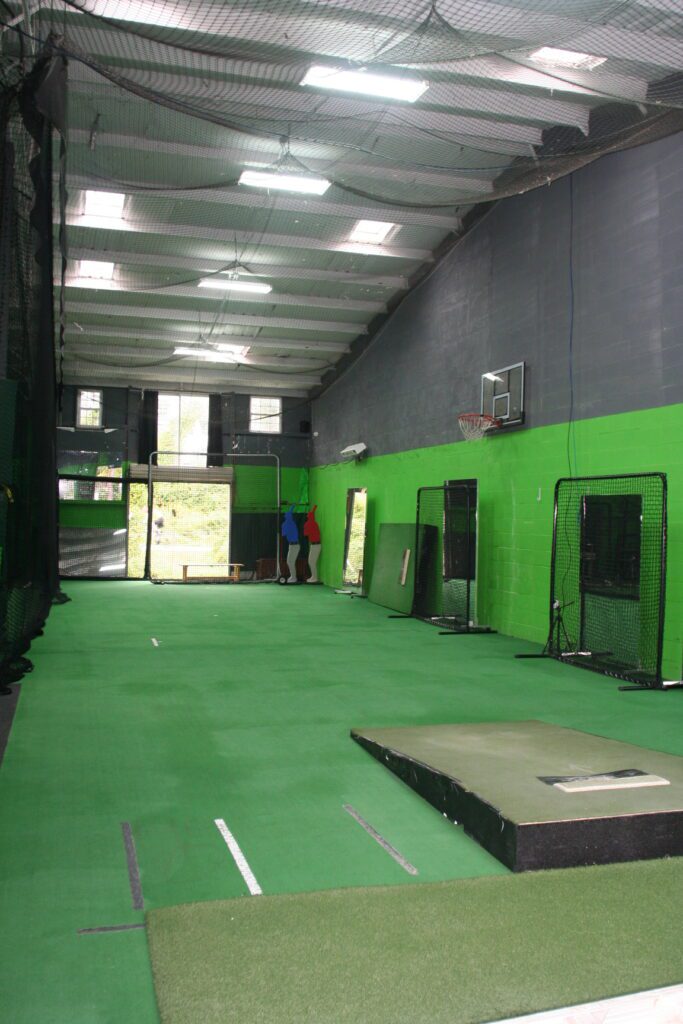 A room with green walls and black floors.