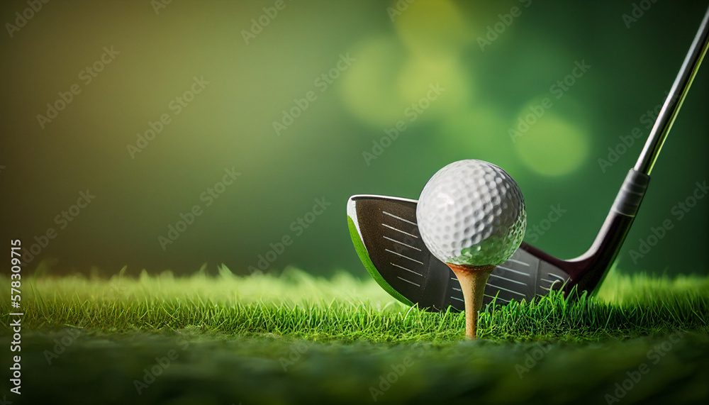 A golf ball on the tee with a wooden club in it.